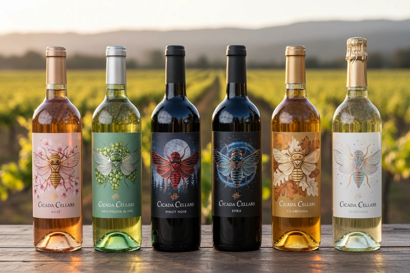 Colorful Cicada Cellars wine bottles featuring signature cicada labels