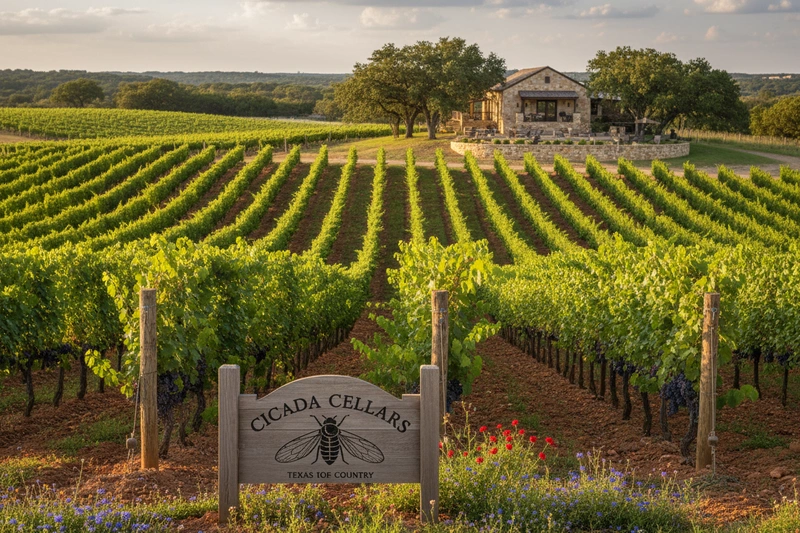 Cicada Cellars vineyard rows with grapevines in Texas Hill Country