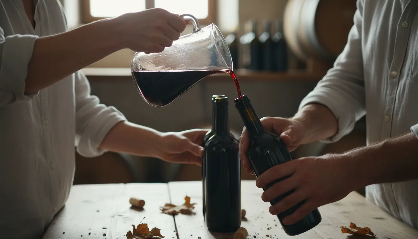 Close-up of hands carefully pouring handcrafted wine into small batch bottles