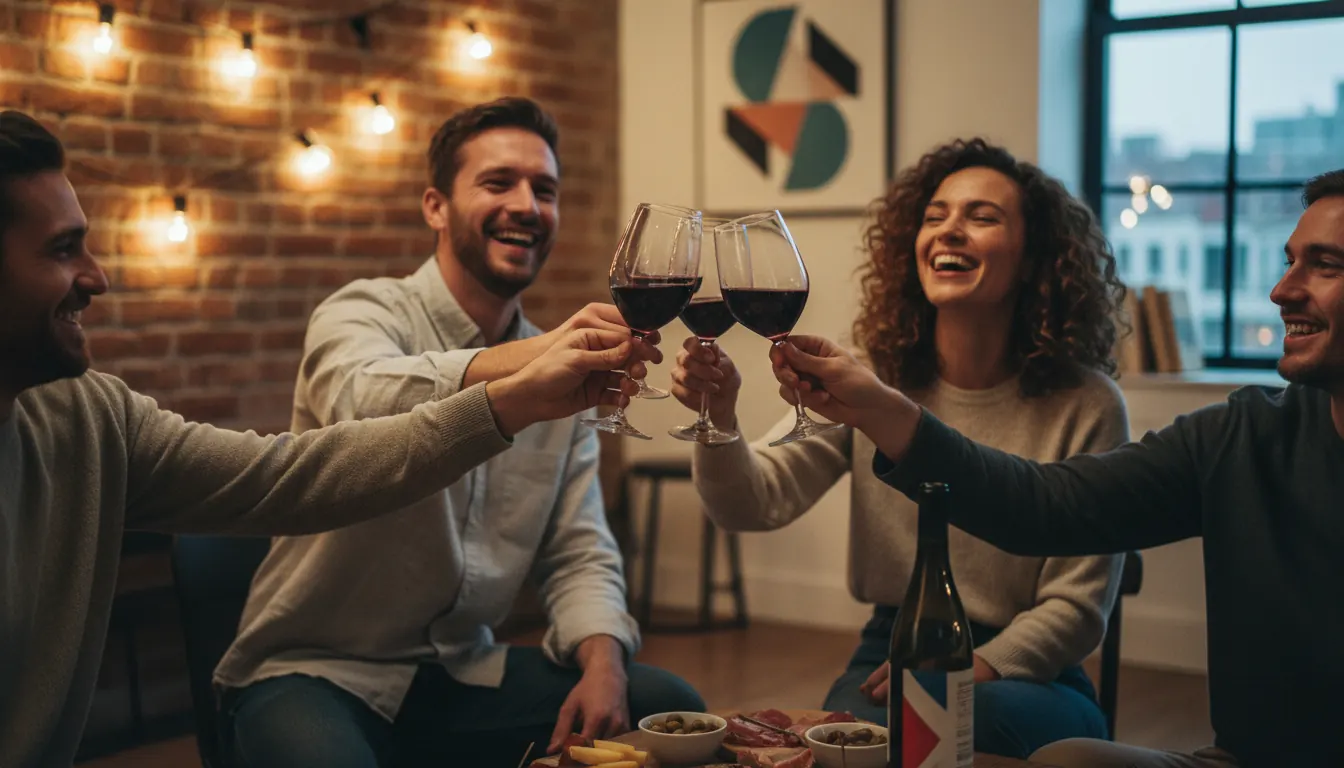 Friends toasting with wine glasses in a casual modern setting