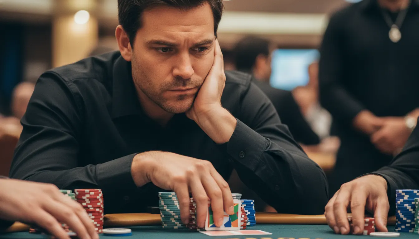 Professional poker player with chips at casino table making strategic decision