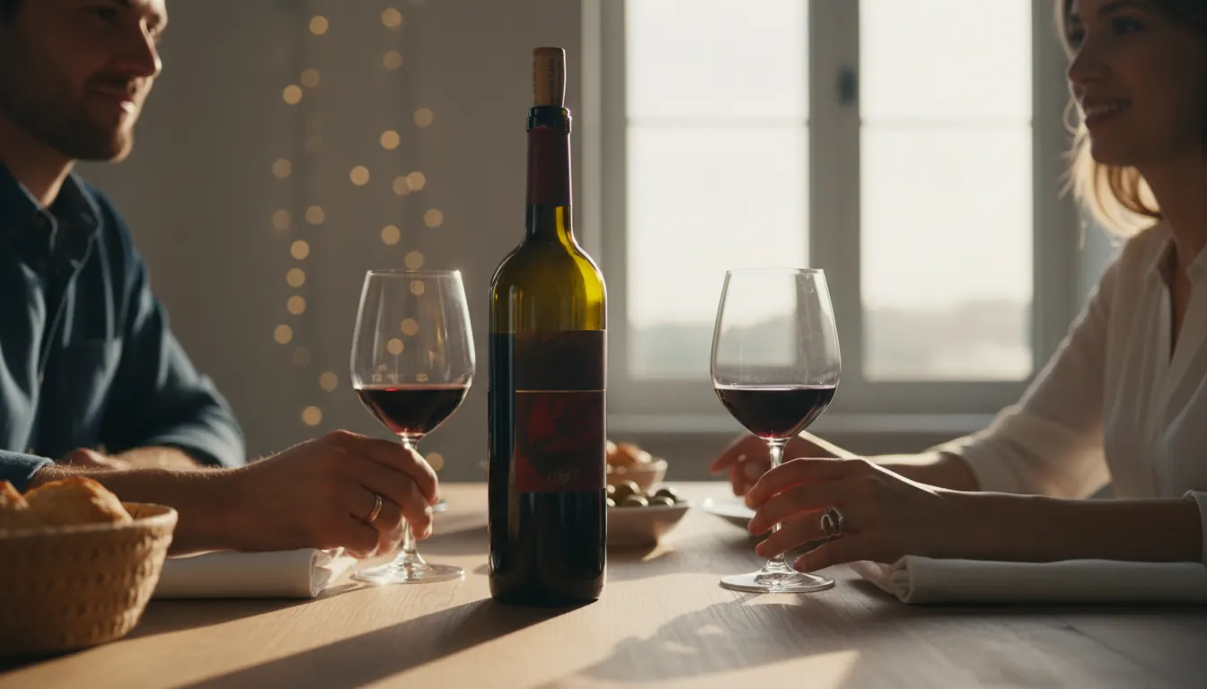 Red wine bottle and glasses on a table during evening dining