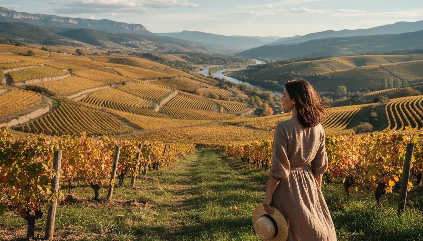 Scenic vineyard landscape in the Rhône Valley France with rolling hills