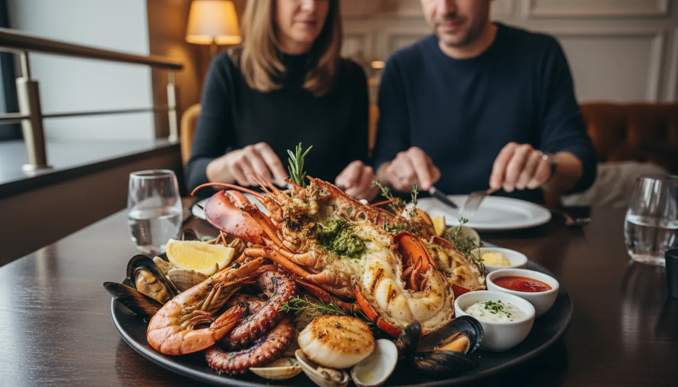 Grilled lobster and seafood platter served at upscale restaurant