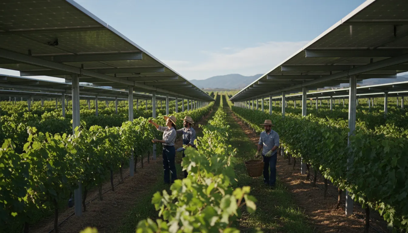 Solar panels installed above vineyard rows for sustainable energy