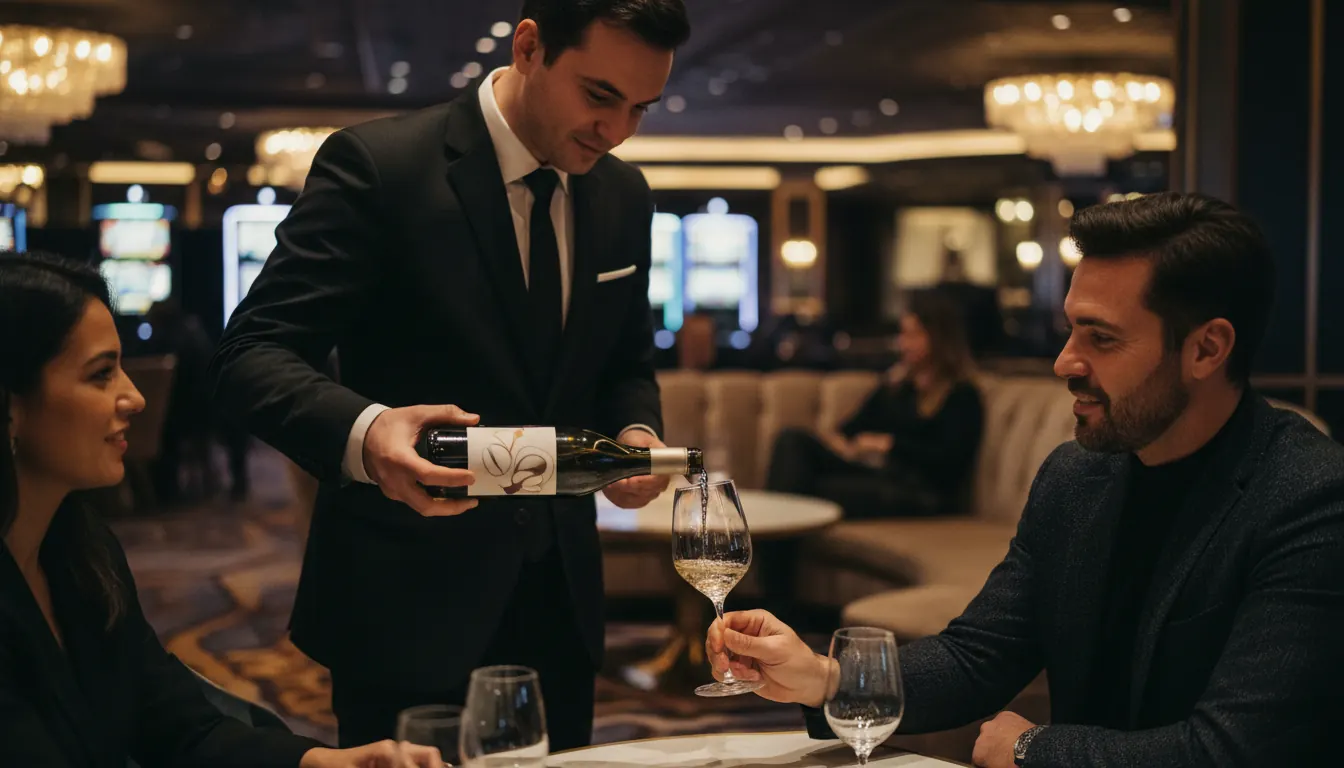 A sommelier pours white wine for guests in an elegant high-end casino lounge with ambient lighting
