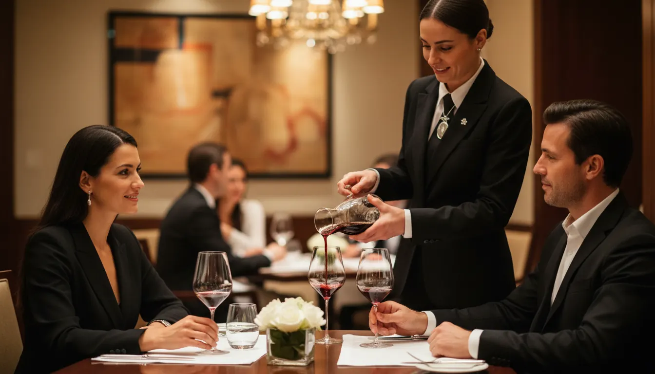 Professional sommelier pouring red wine for guests at fine dining table