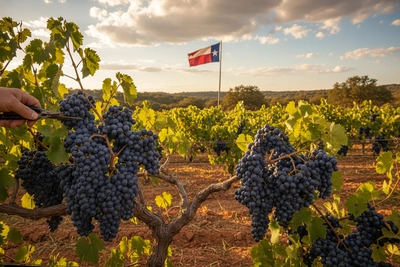 Ripe Tempranillo grapes ready for harvest in Texas vineyard