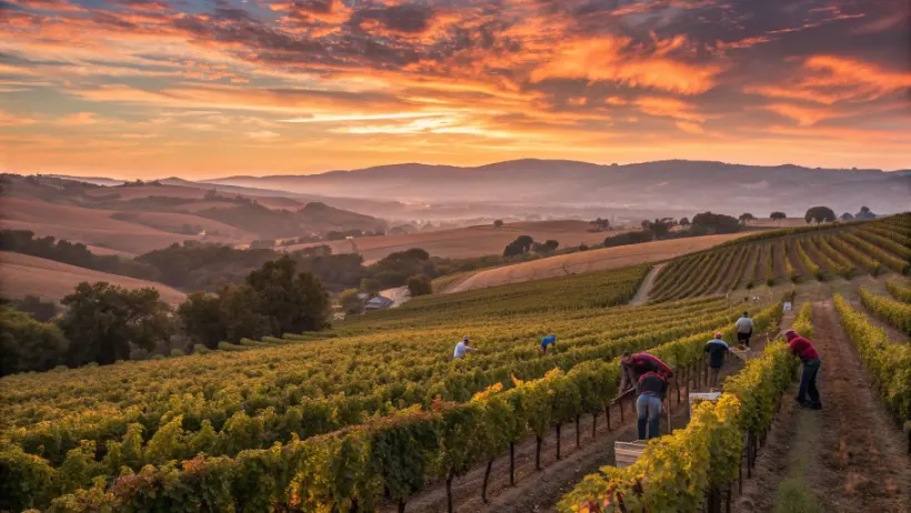 Sunset over California vineyard with grapevines in rows during harvest season