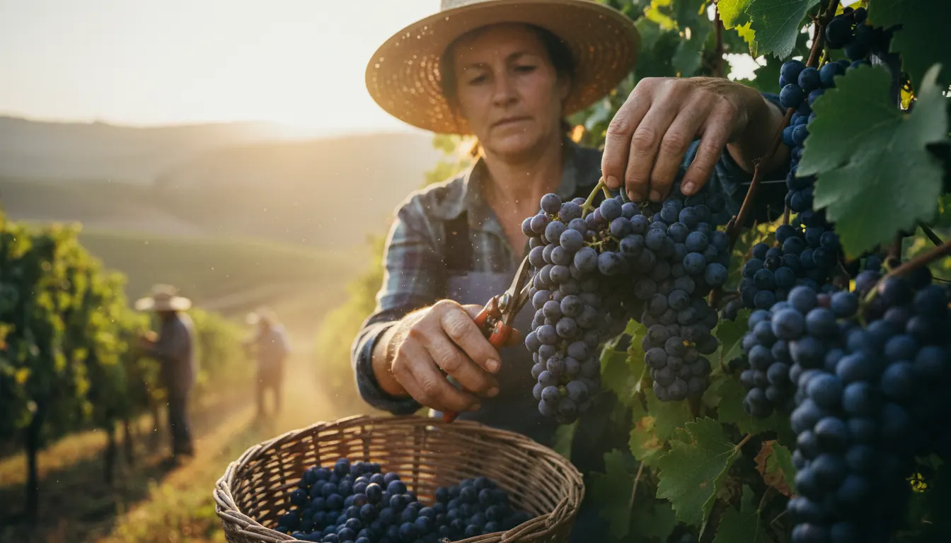 Vineyard worker carefully harvesting ripe wine grapes at sunrise in rolling hills