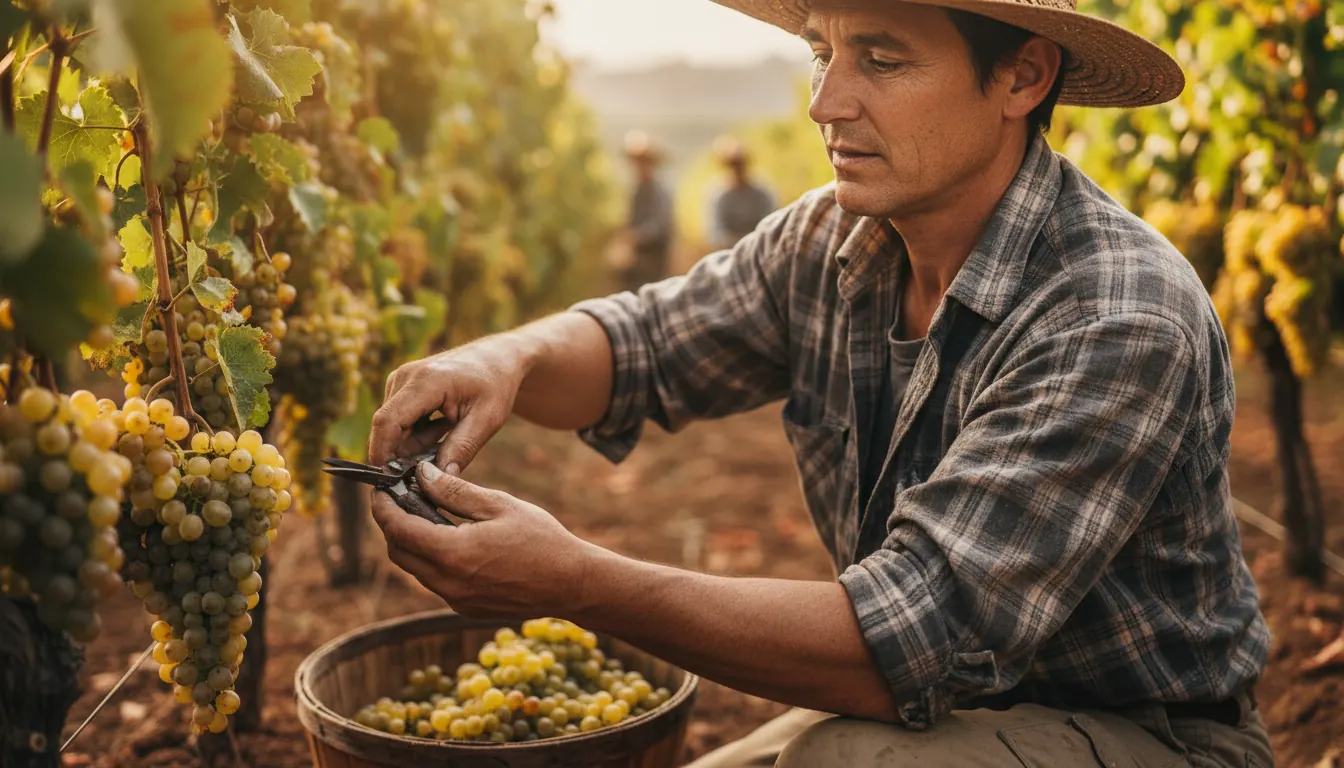 Vineyard worker carefully harvesting white wine grapes during harvest season