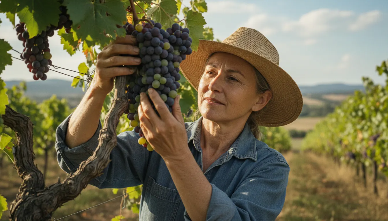 Winemaker inspecting grape clusters on the vine
