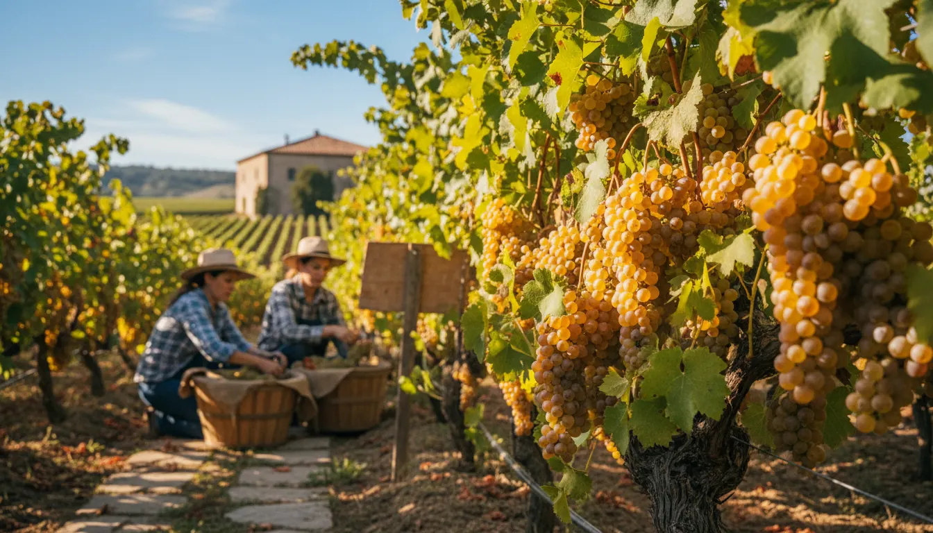 Ripe golden Viognier grapes hanging on the vine during harvest season at a sunny winery estate