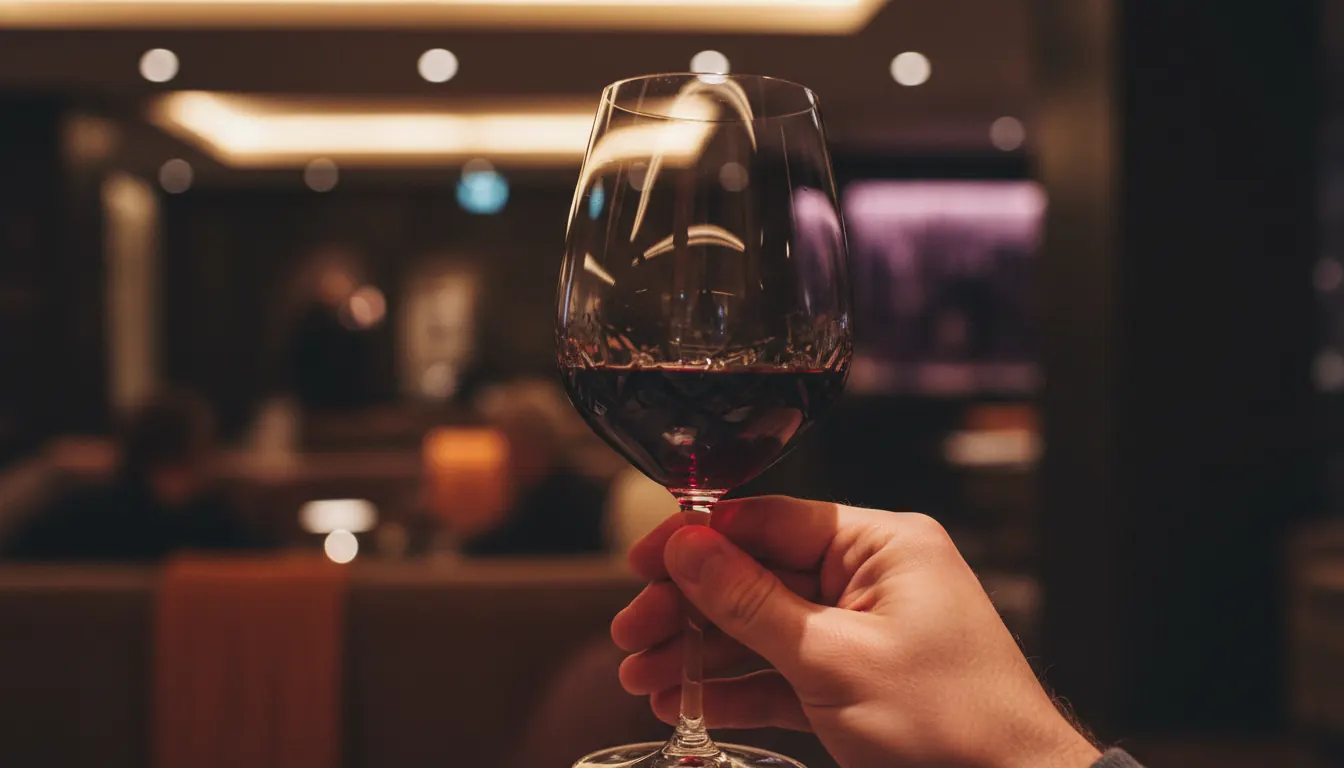 Golden Viognier wine in a crystal glass with soft lounge lighting in the background