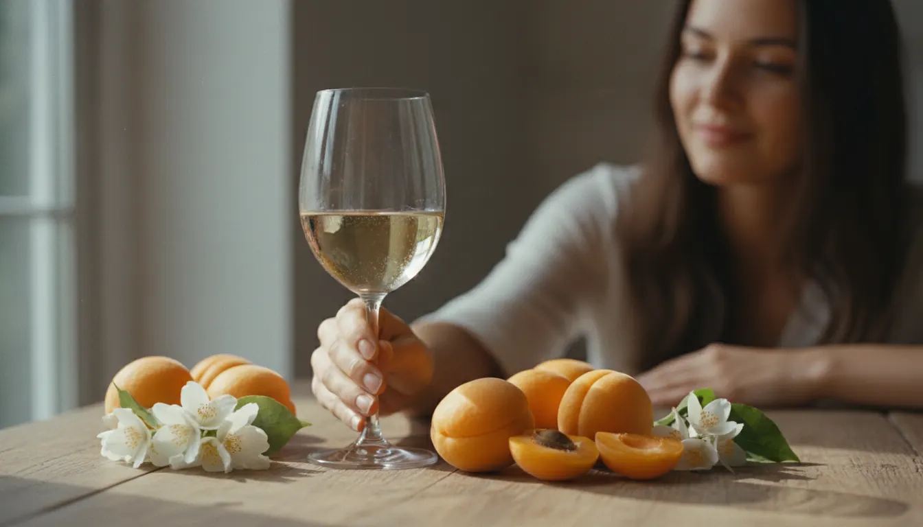 Glass of white wine with apricot fruit and white flowers on table