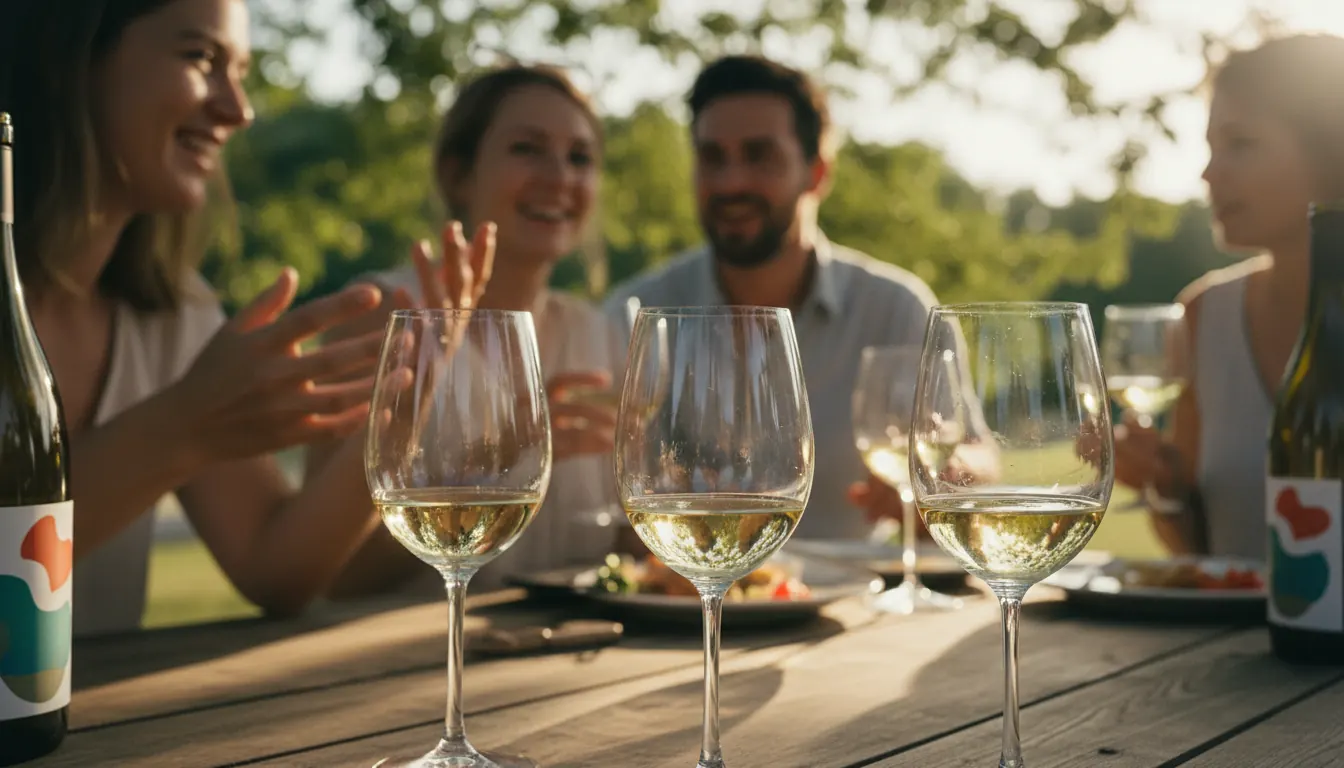 Glasses of white wine at an outdoor summer gathering