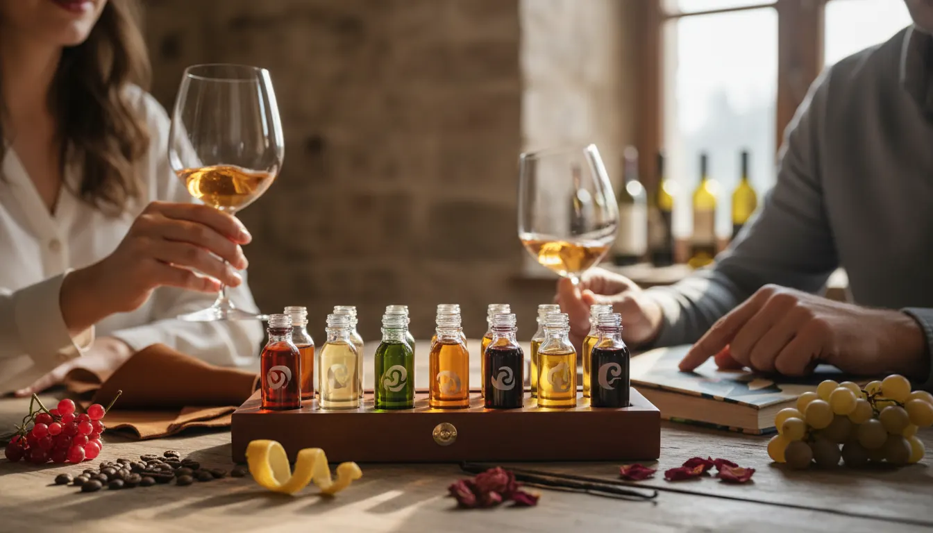 Wine aroma kit with multiple small bottles containing different scent samples arranged on a table