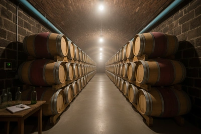 Wine barrels stacked in temperature-controlled cellar