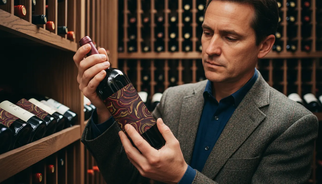 Wine connoisseur reading bottle labels in a wooden rack-equipped wine cellar