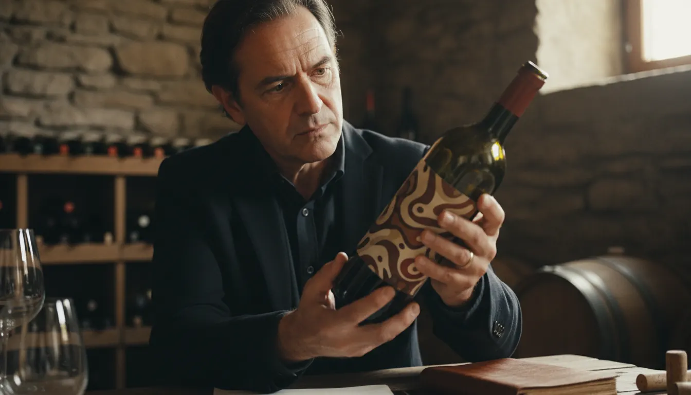 Sommelier carefully examining a wine bottle label in a well-lit tasting room