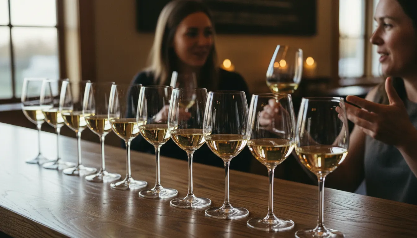 Row of wine glasses filled with white wine arranged on a wooden tasting bar