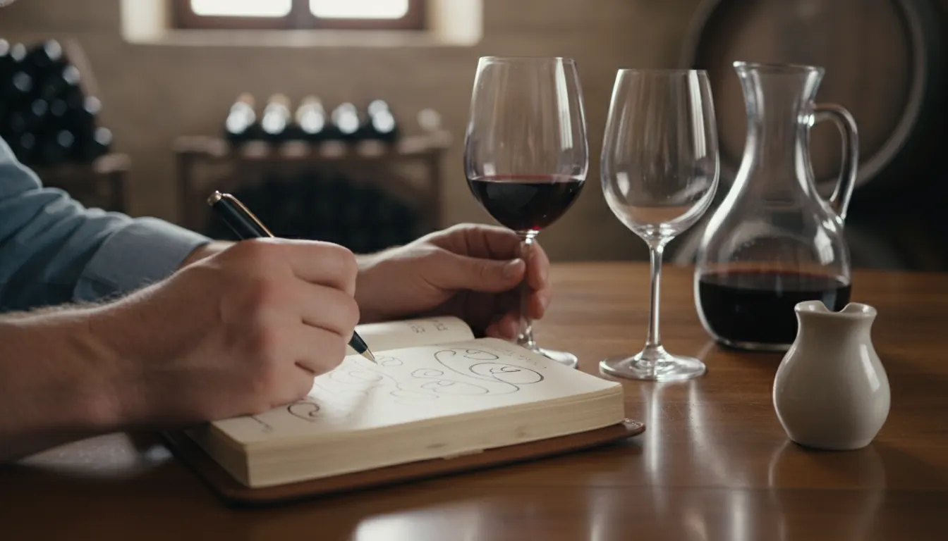 Person writing tasting notes in a wine journal with wine glasses on the table