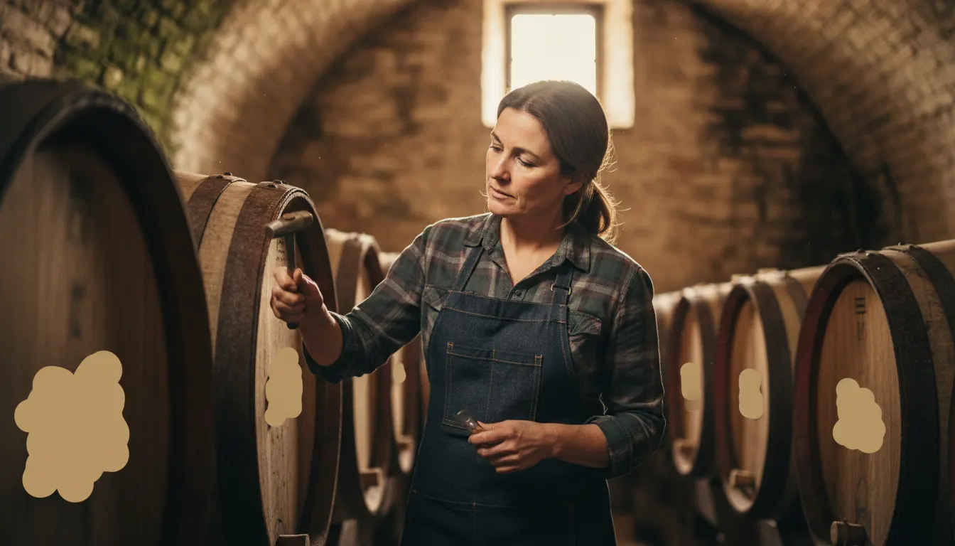 Professional winemaker carefully inspecting wooden wine barrels in traditional cellar