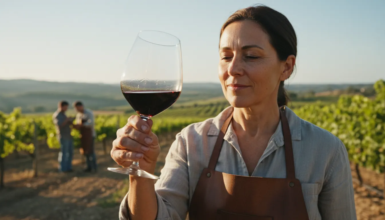 Experienced winemaker tasting wine from glass in sunny vineyard setting